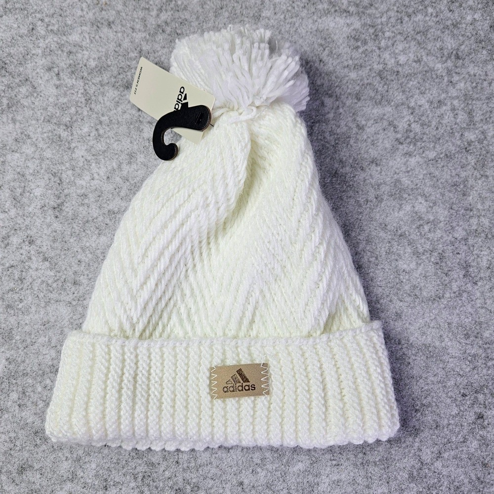 Adidas Womens Twilight 4 Ballie Beanie White Chevron Knit Pom Hat IQ5615 NEW